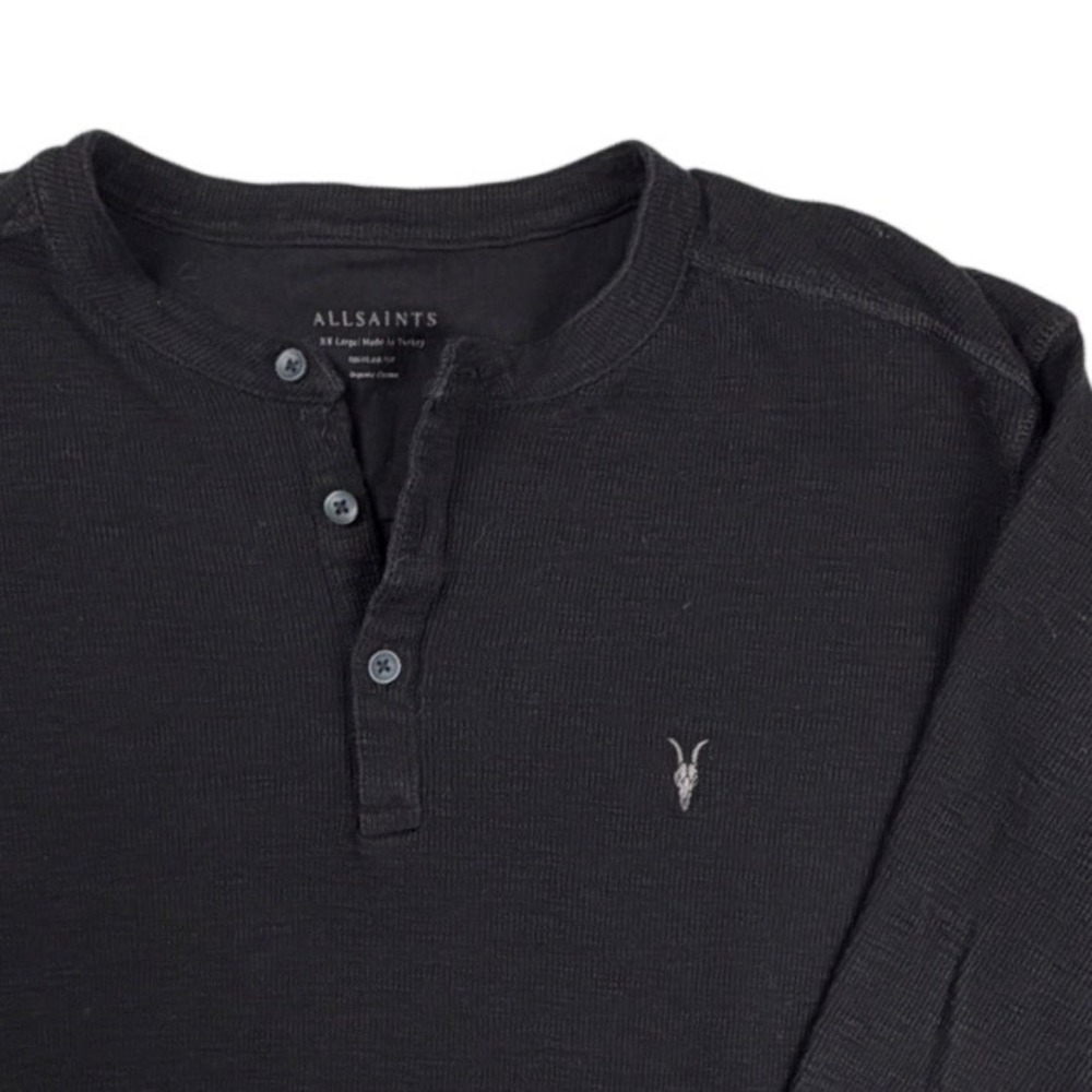 AllSaints Mens XX-Large Black Organic Cotton Long Sleeve Ramskull Henley Shirt